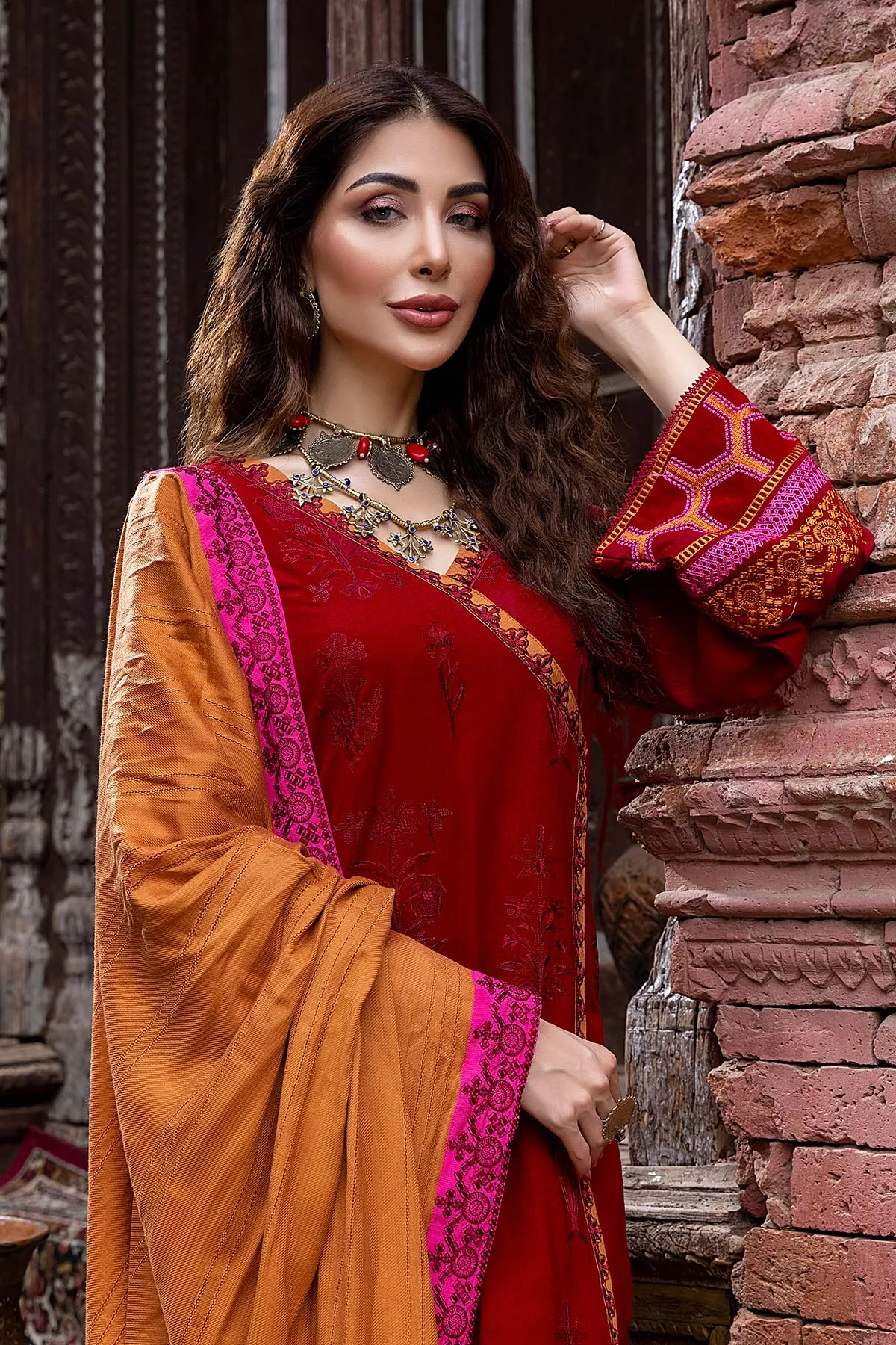 3 Pc Embroidered Leather with Woven Shawl PS-08