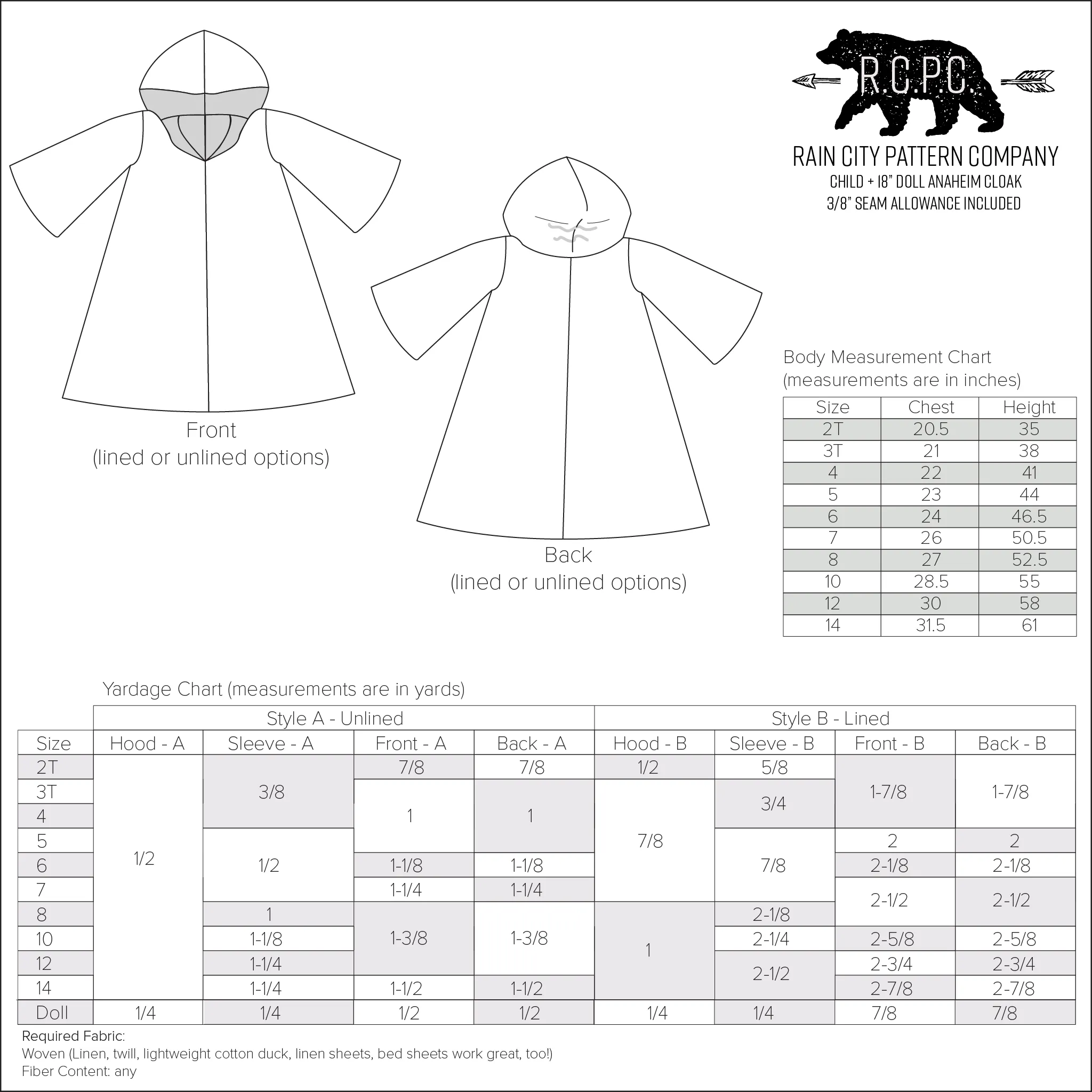 Anaheim Cloak | Child Size 2T-14 and Doll Size 18 | Beginner Level Sewing Pattern