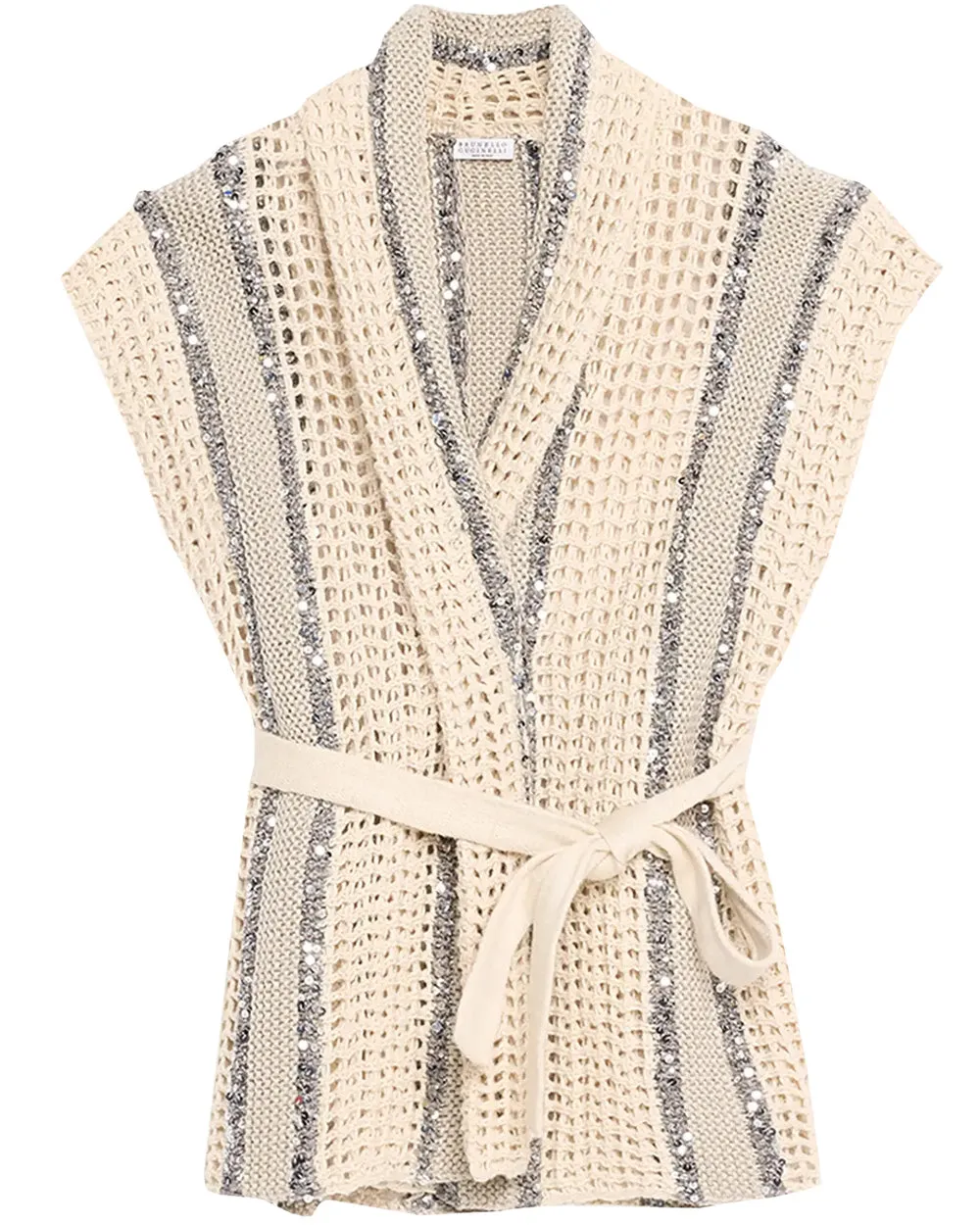 Beige Net Knit Paillette Sleeveless Cardigan