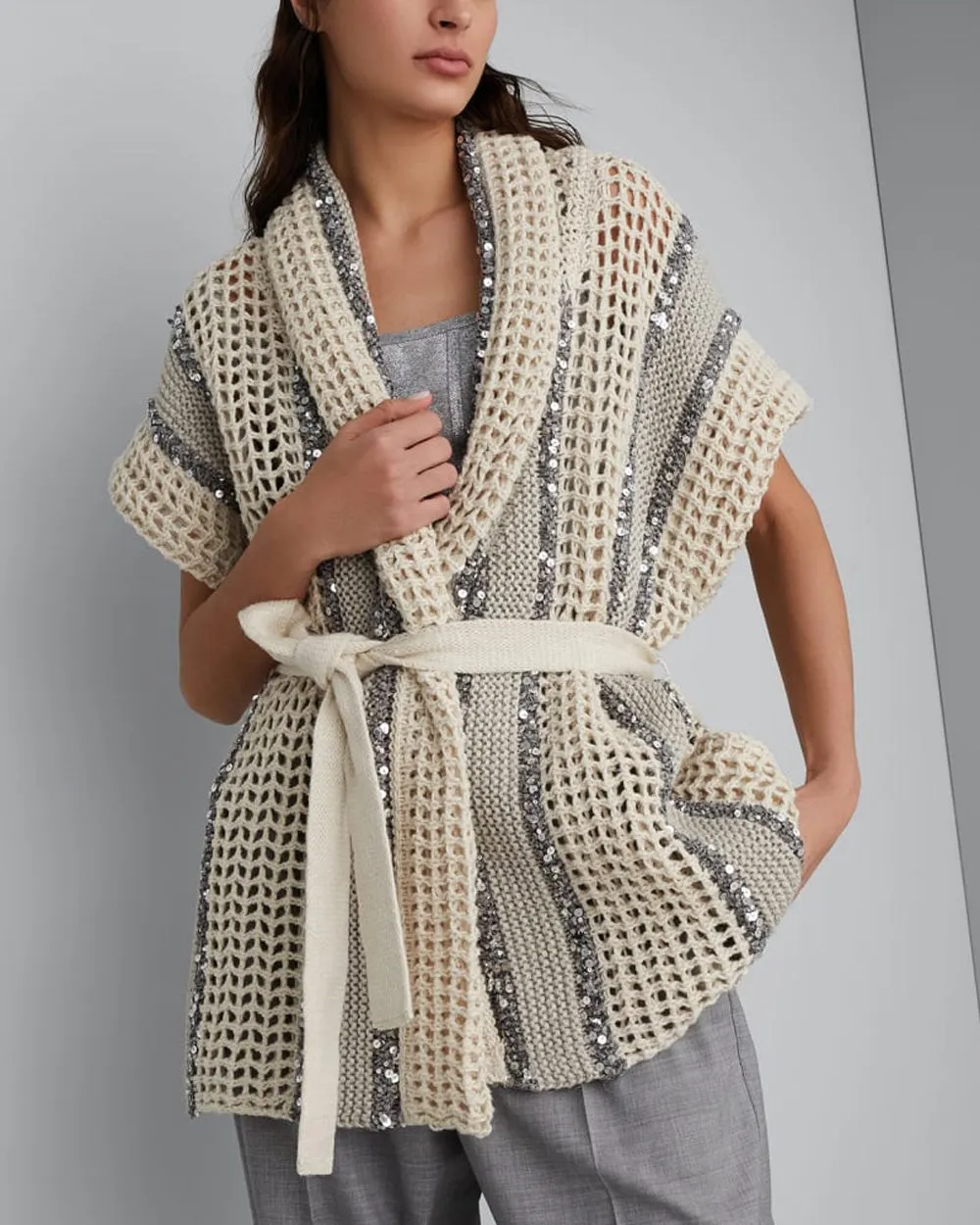 Beige Net Knit Paillette Sleeveless Cardigan