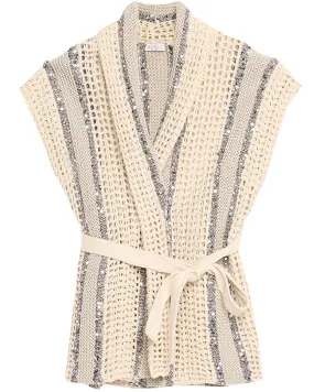 Beige Net Knit Paillette Sleeveless Cardigan