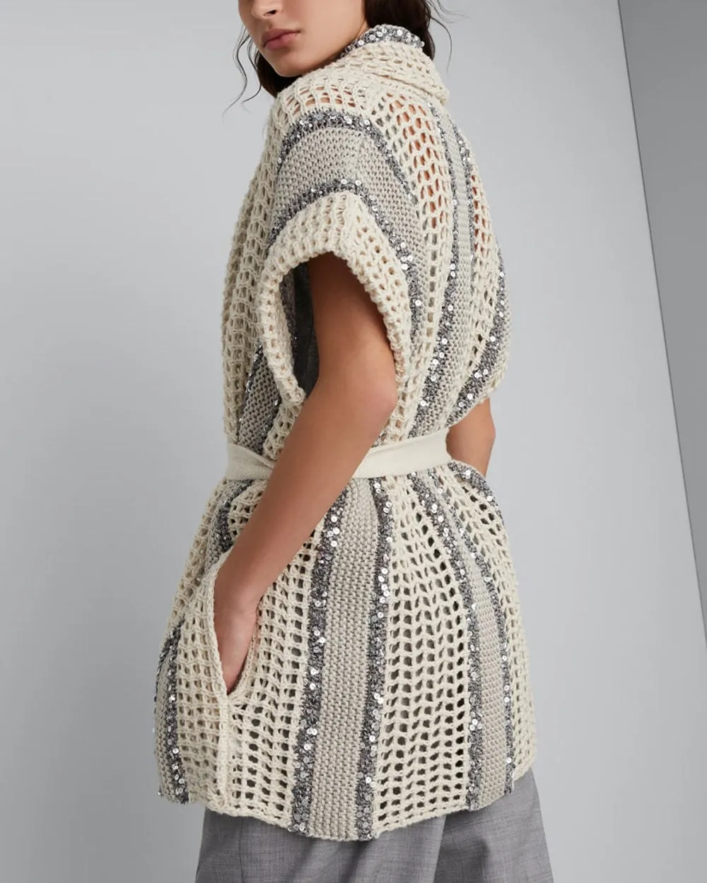 Beige Net Knit Paillette Sleeveless Cardigan