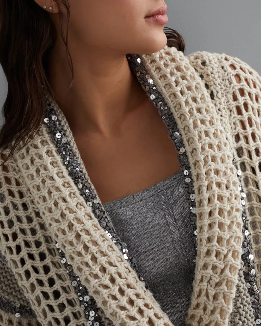 Beige Net Knit Paillette Sleeveless Cardigan