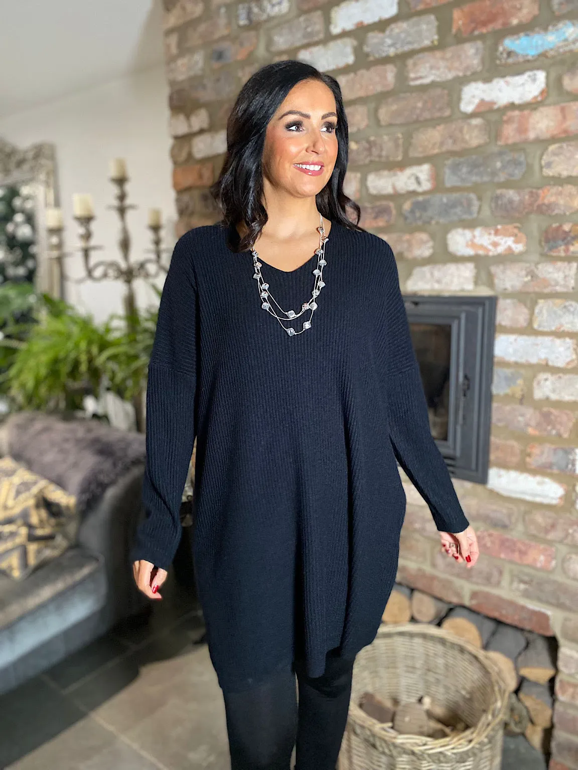 Black Ribbed V Neck Knit Victoria