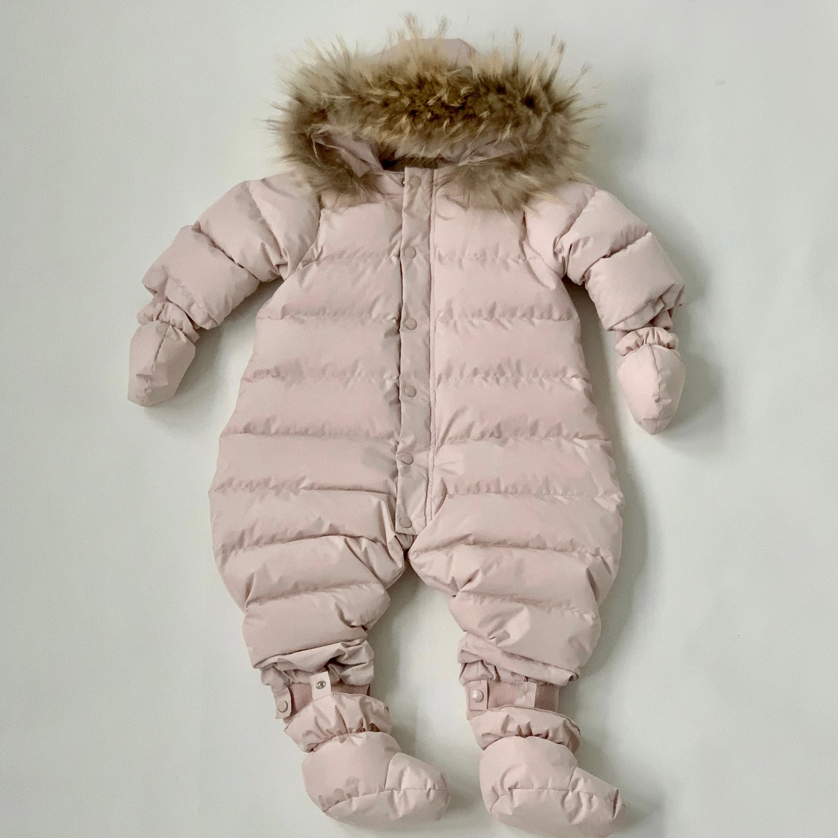 Bonpoint Pale Pink  Down Filled Snowsuit With Fur Trim: 18 Months