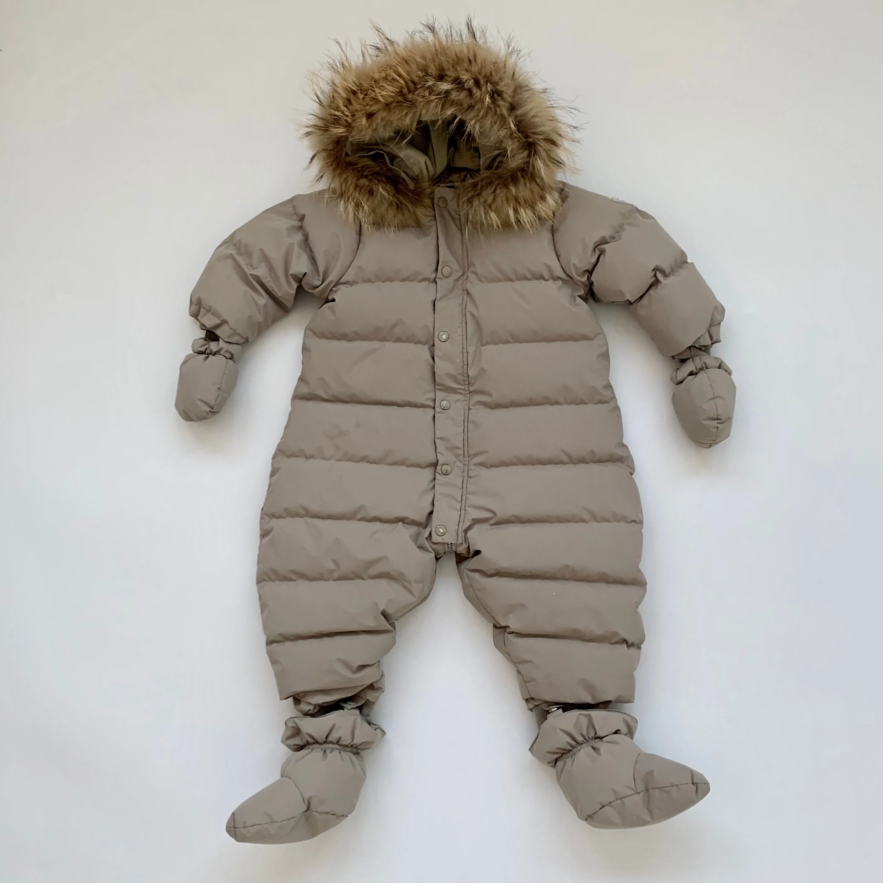 Bonpoint Taupe Down Filled Snowsuit With Fur Trim: 18 Months