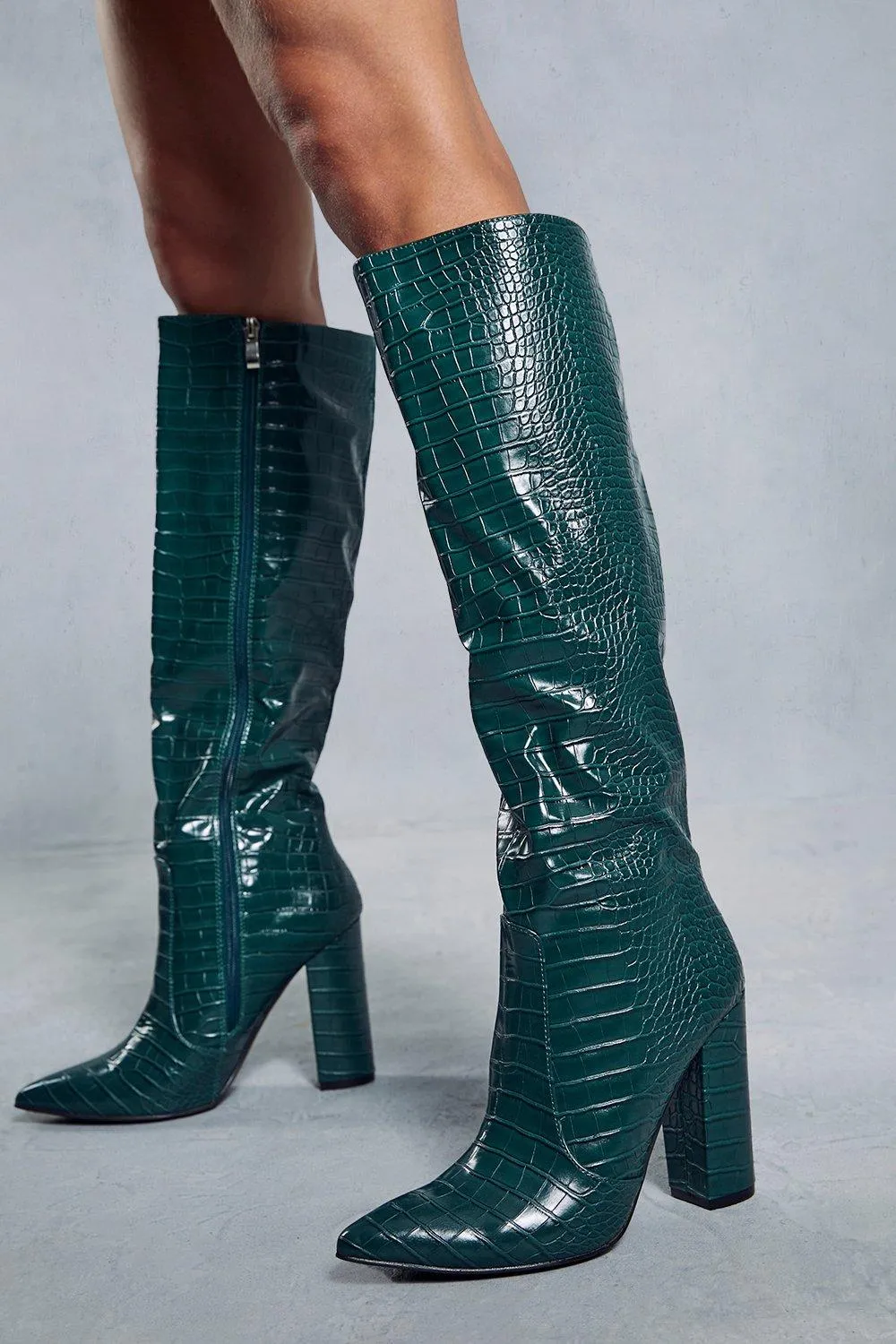 Boots | Leather Look Knee High Croc Boots | MissPap