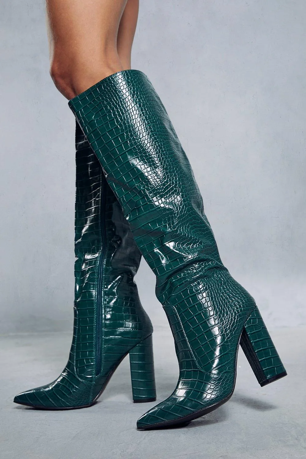 Boots | Leather Look Knee High Croc Boots | MissPap