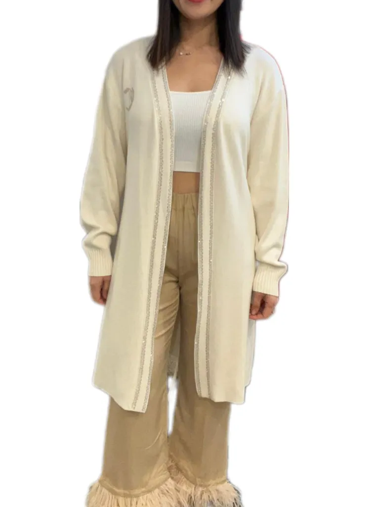 Camilla Cream Cashmere/Cotton Cardigan with Diamante Trim - size S