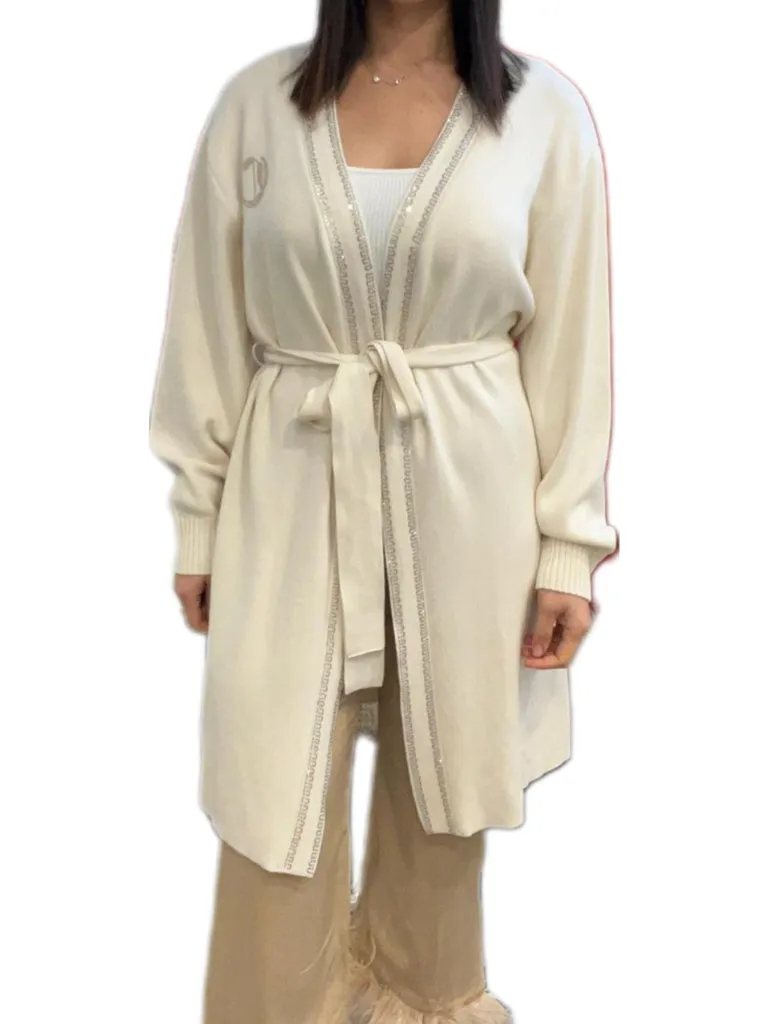 Camilla Cream Cashmere/Cotton Cardigan with Diamante Trim - size S