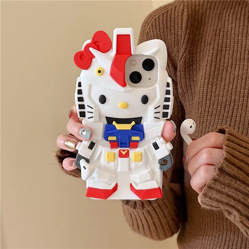 Cute 3D Hello Kitty x Gundam Cartoon Design Protective Shockproof iPhone Case + Built in AirPods Holder for iPhone 11 12 13 14 1