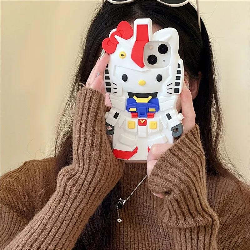 Cute 3D Hello Kitty x Gundam Cartoon Design Protective Shockproof iPhone Case + Built in AirPods Holder for iPhone 11 12 13 14 1