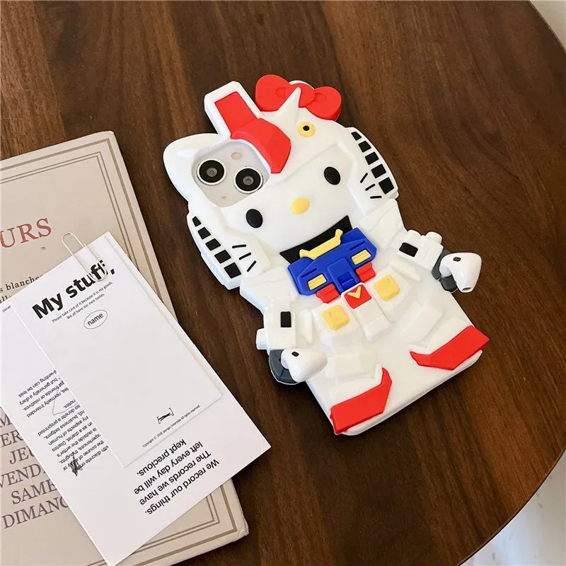 Cute 3D Hello Kitty x Gundam Cartoon Design Protective Shockproof iPhone Case + Built in AirPods Holder for iPhone 11 12 13 14 1