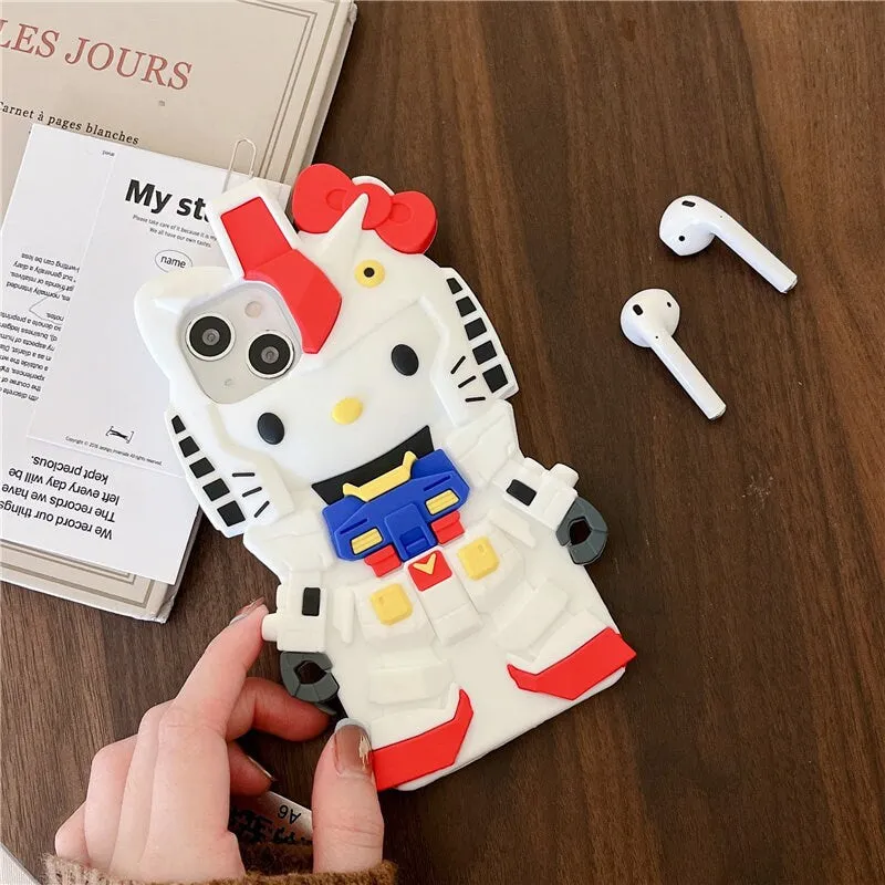 Cute 3D Hello Kitty x Gundam Cartoon Design Protective Shockproof iPhone Case + Built in AirPods Holder for iPhone 11 12 13 14 1