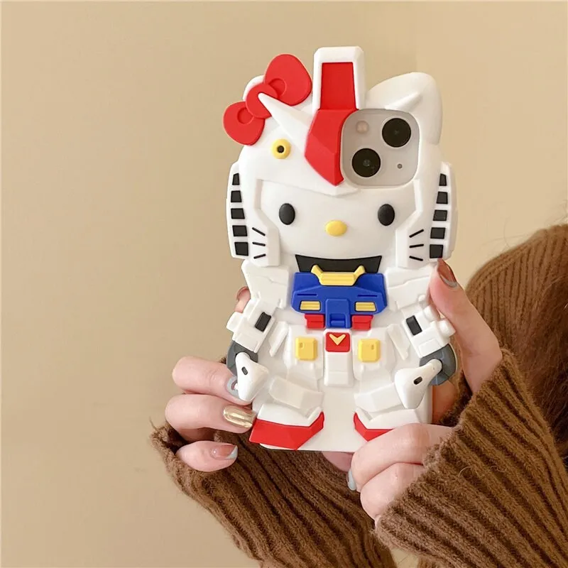 Cute 3D Hello Kitty x Gundam Cartoon Design Protective Shockproof iPhone Case + Built in AirPods Holder for iPhone 11 12 13 14 1