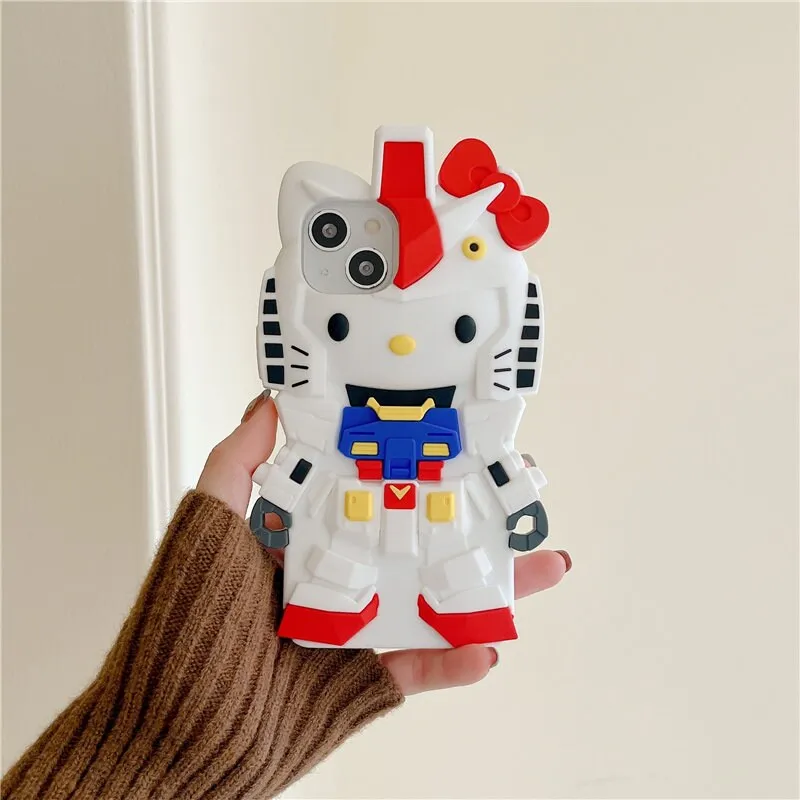 Cute 3D Hello Kitty x Gundam Cartoon Design Protective Shockproof iPhone Case + Built in AirPods Holder for iPhone 11 12 13 14 1