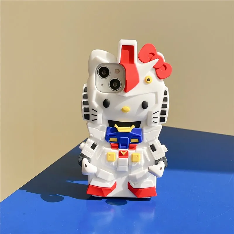 Cute 3D Hello Kitty x Gundam Cartoon Design Protective Shockproof iPhone Case + Built in AirPods Holder for iPhone 11 12 13 14 1