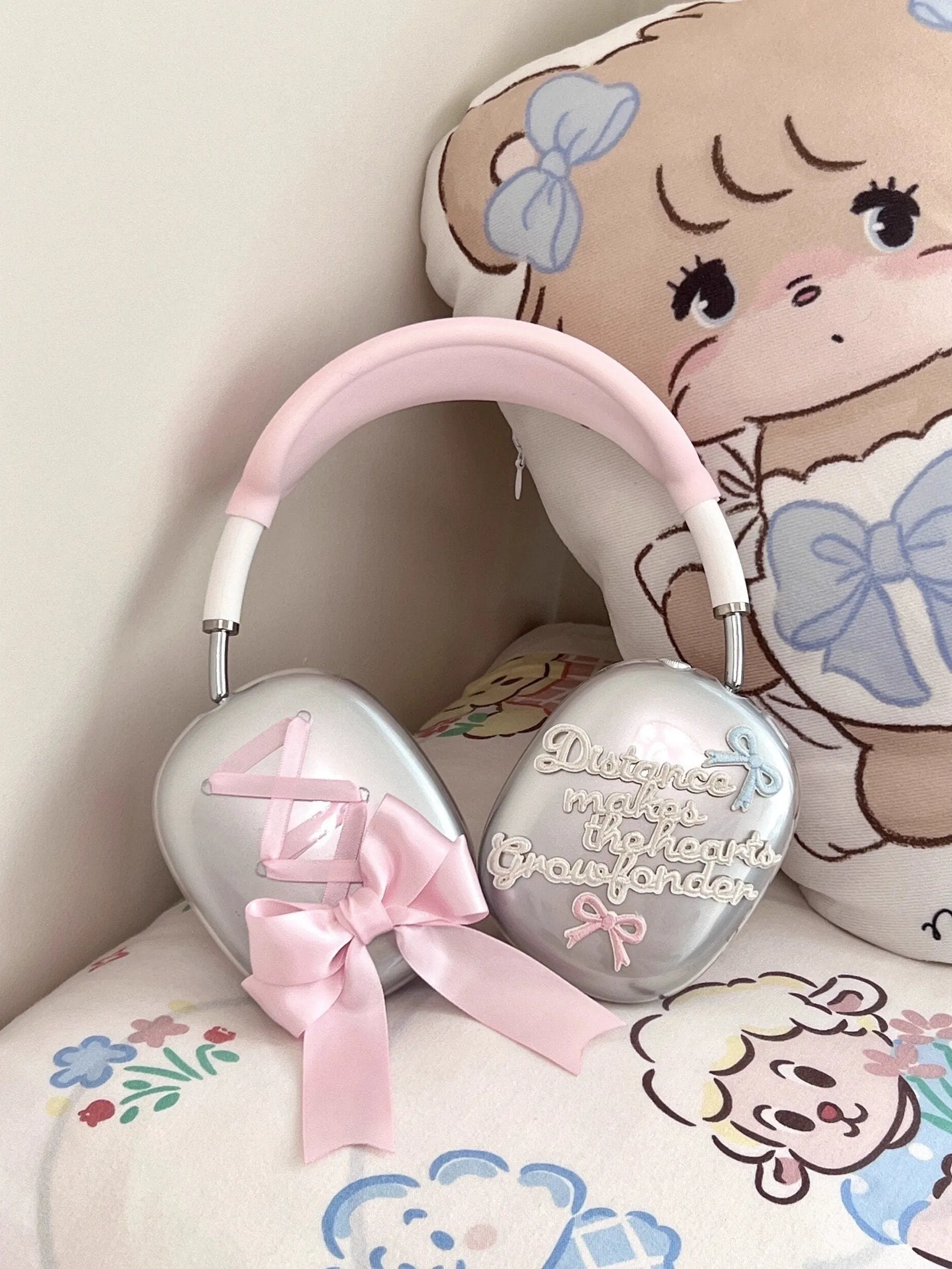 Cute Clear Pink Kawaii Lace Up Ribbon Words of Inspiration Coquette Design Protective Cover for AirPod Max Case, AirPods Max Acc