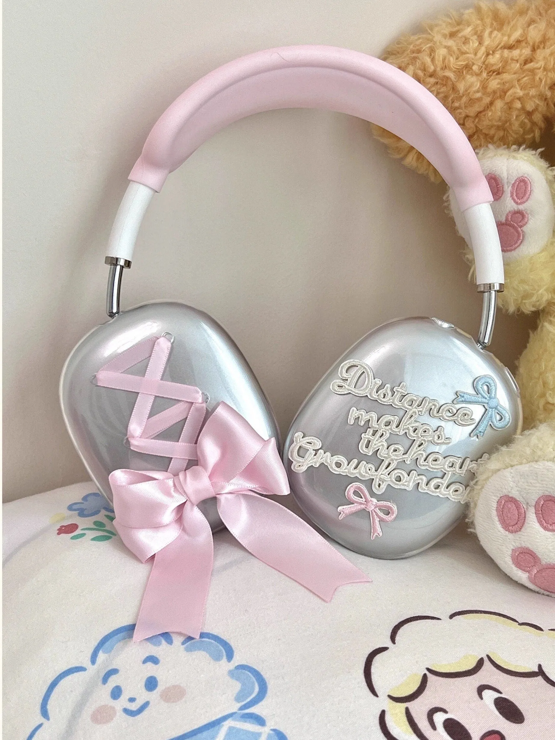 Cute Clear Pink Kawaii Lace Up Ribbon Words of Inspiration Coquette Design Protective Cover for AirPod Max Case, AirPods Max Acc