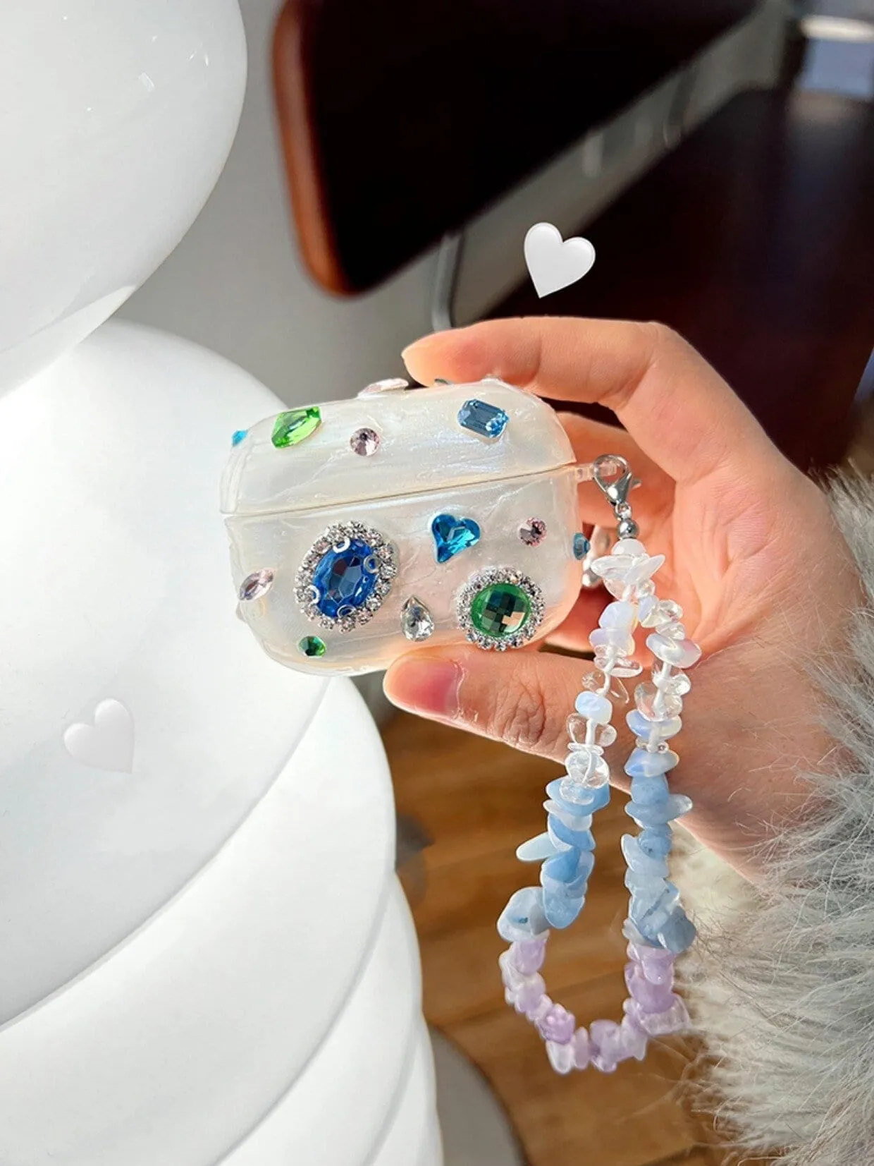 Cute Gemstone Bling & Glam Decoration Protective Cover AirPods Case + Beads Strap for AirPods 1 2 3 Pro 2 Generation Shockproof 