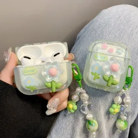 Cute Jelly Flower Decor Clear Protective Cover AirPods Case + Beaded Chain Strap for AirPods 1 2 3 Pro 2 Generation Shockproof A