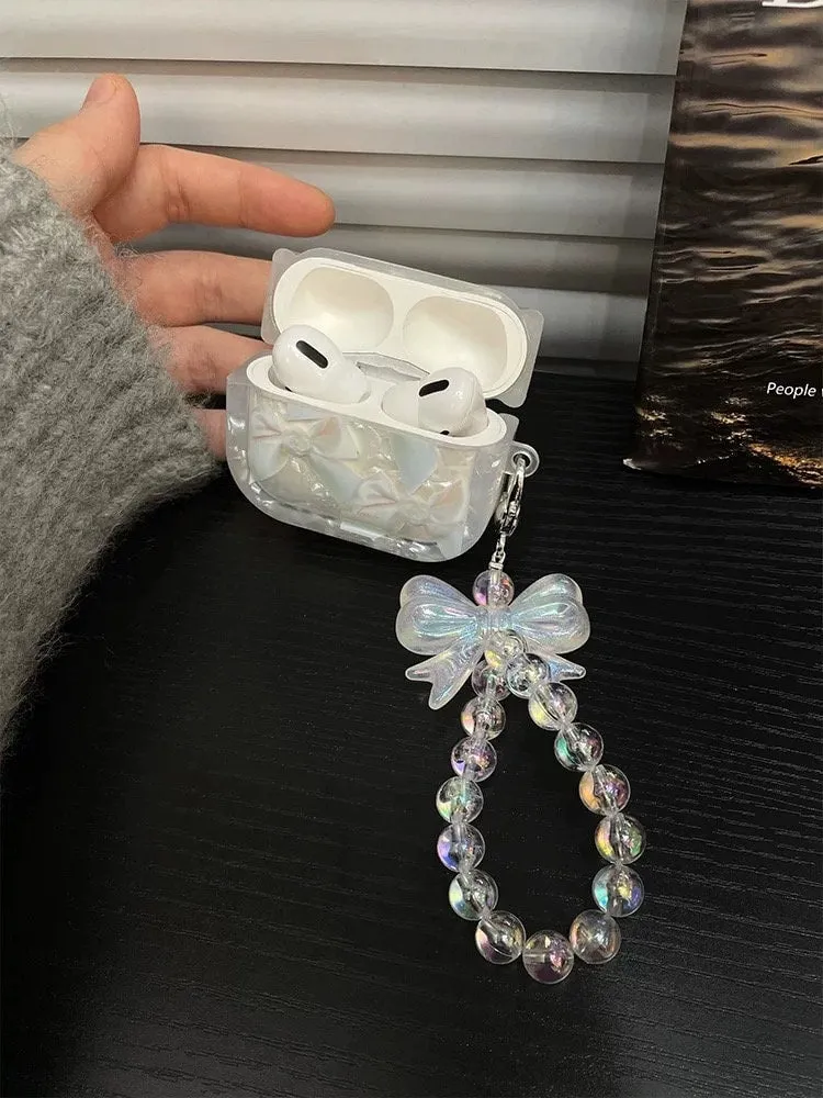 Cute Pearlescent Ribbon Print Protective Cover Case + Holographic Laser Bead Strap for AirPods 1 2 3 Pro 2 Gen Shockproof AirPod