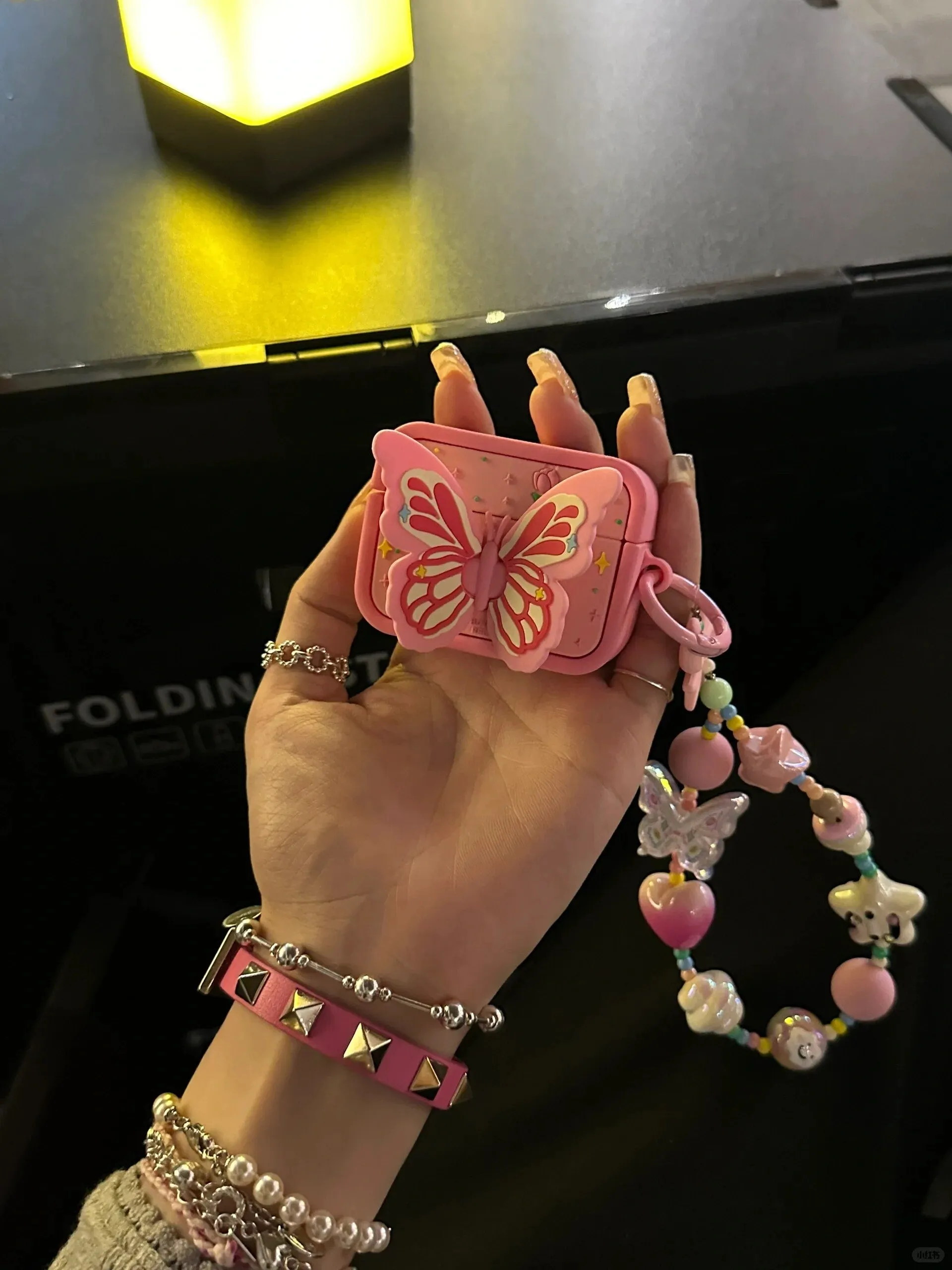 Cute Pink Foldable Butterfly Wings Stand Design Protective Cover AirPods Case + Beads Strap for AirPods 1 2 3 Pro 2 Generation S