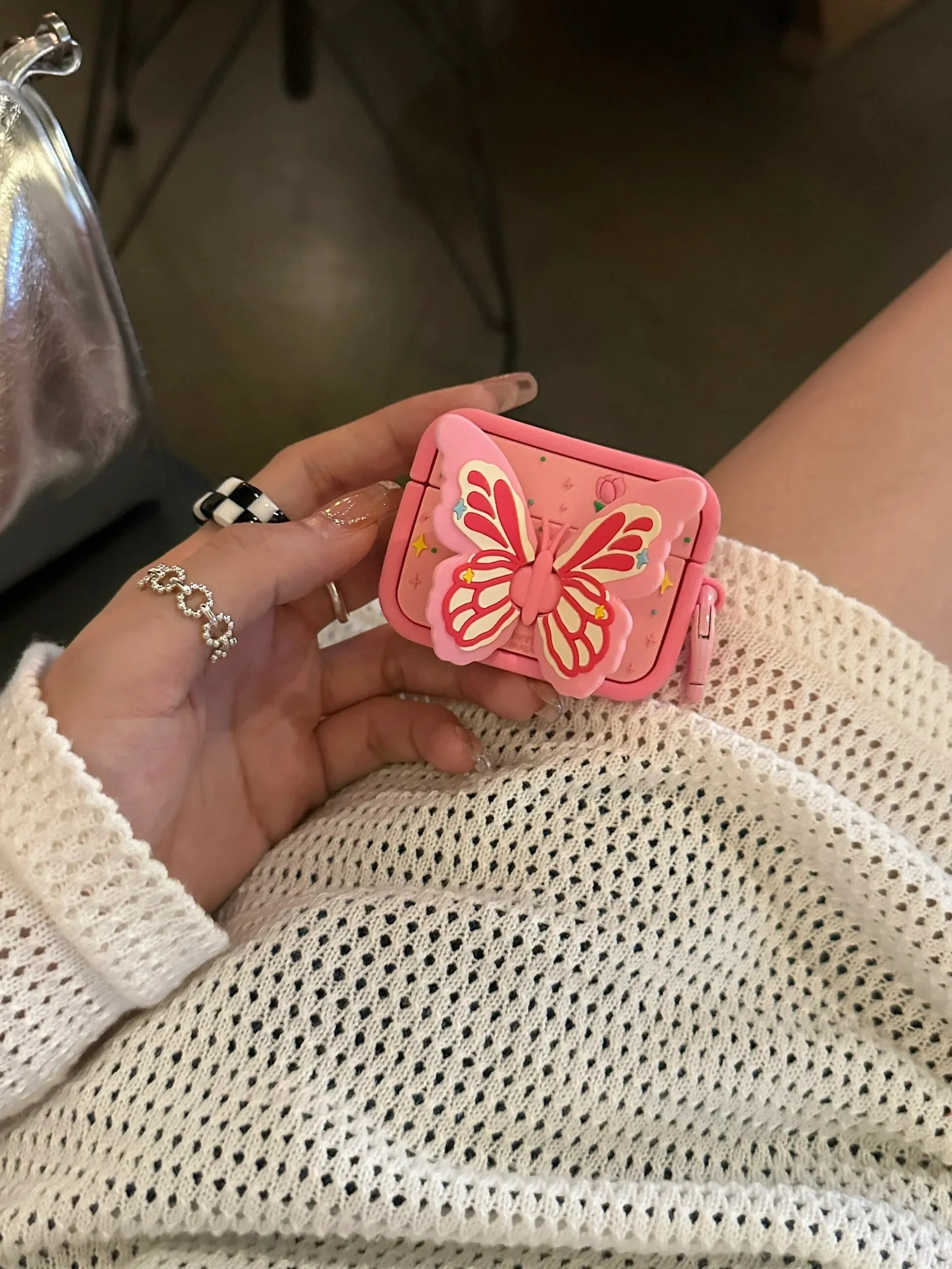 Cute Pink Foldable Butterfly Wings Stand Design Protective Cover AirPods Case + Beads Strap for AirPods 1 2 3 Pro 2 Generation S