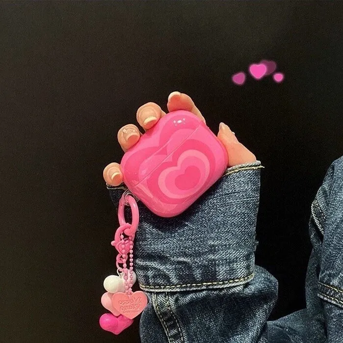 Cute Pink Glossy Heart Tunnel Design Protective Cover AirPods Case + Heart Toy Carabiner for AirPods 1 2 3 Pro 2 Generation Shoc