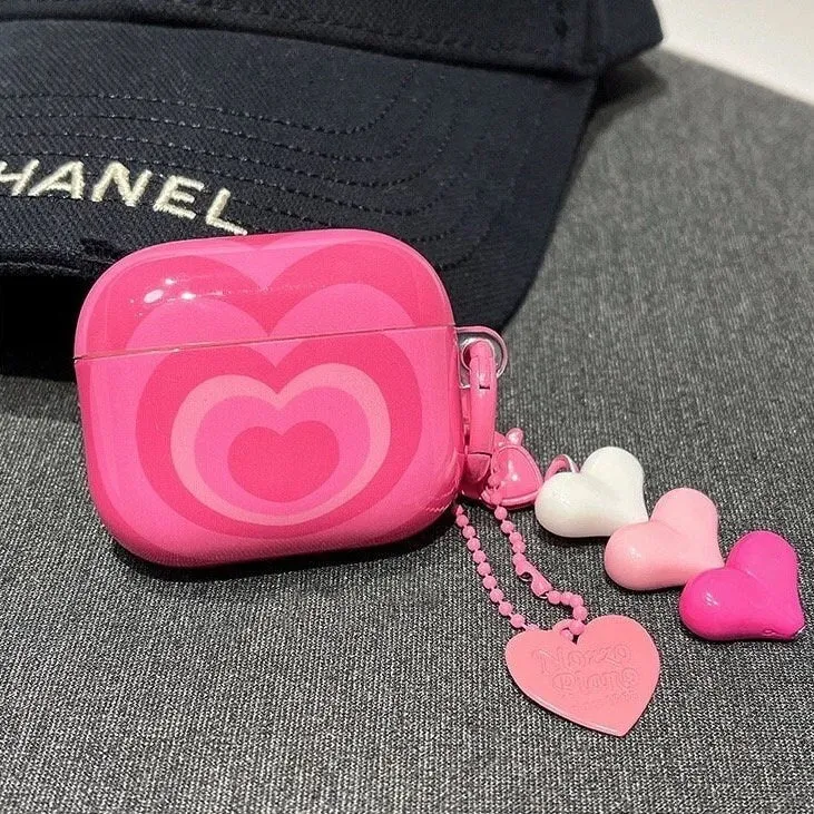 Cute Pink Glossy Heart Tunnel Design Protective Cover AirPods Case + Heart Toy Carabiner for AirPods 1 2 3 Pro 2 Generation Shoc