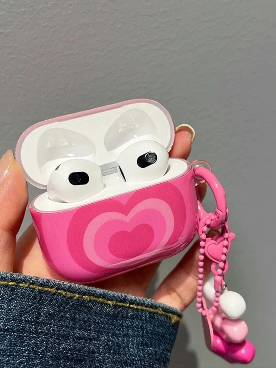 Cute Pink Glossy Heart Tunnel Design Protective Cover AirPods Case + Heart Toy Carabiner for AirPods 1 2 3 Pro 2 Generation Shoc