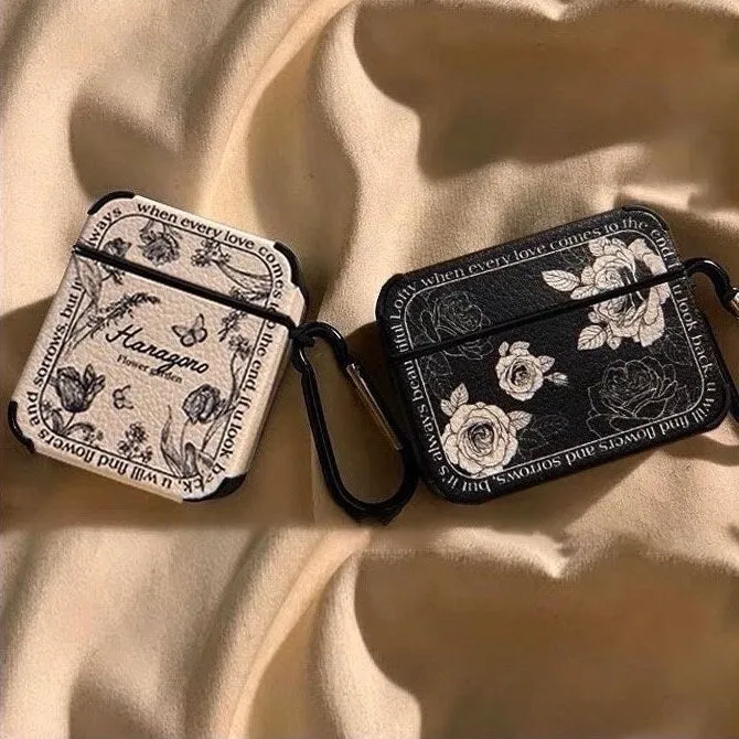 Cute Retro Black & White Floral Leather Protective Cover AirPods Case + Carabiner for AirPods 1 2 3 Pro 2 Generation Shockproof 