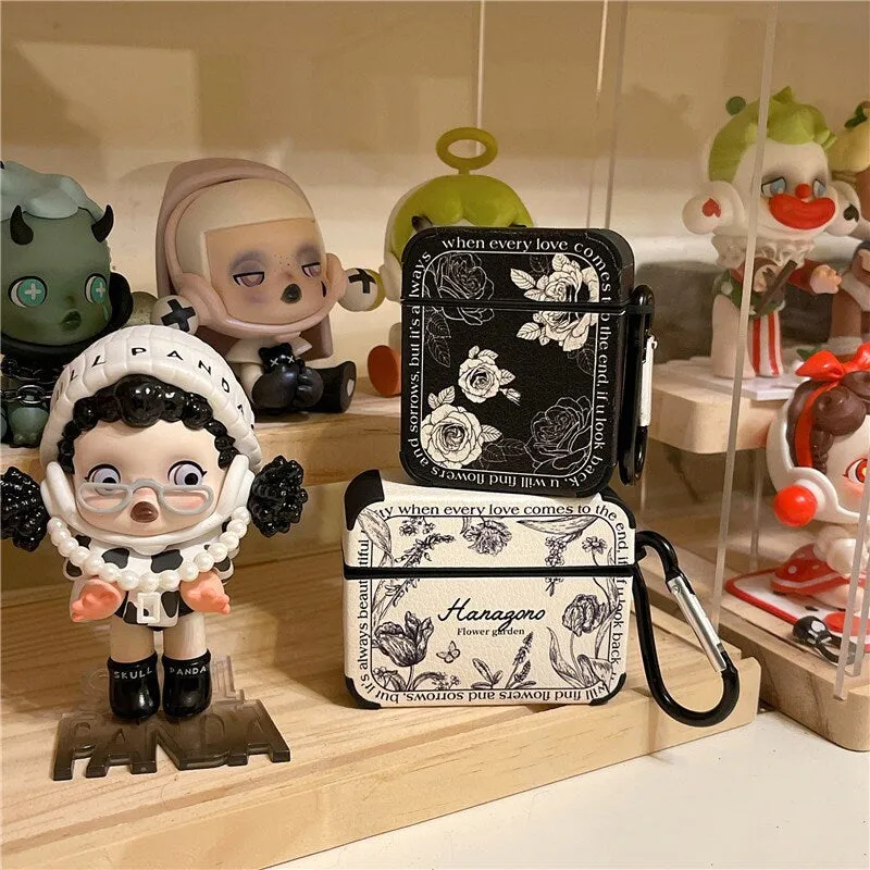 Cute Retro Black & White Floral Leather Protective Cover AirPods Case + Carabiner for AirPods 1 2 3 Pro 2 Generation Shockproof 