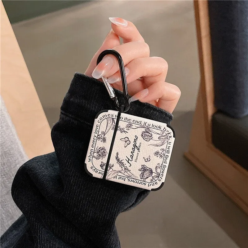 Cute Retro Black & White Floral Leather Protective Cover AirPods Case + Carabiner for AirPods 1 2 3 Pro 2 Generation Shockproof 