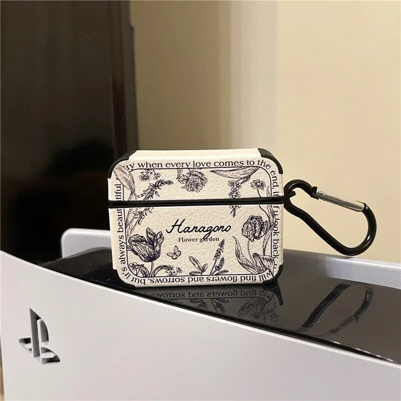 Cute Retro Black & White Floral Leather Protective Cover AirPods Case + Carabiner for AirPods 1 2 3 Pro 2 Generation Shockproof 