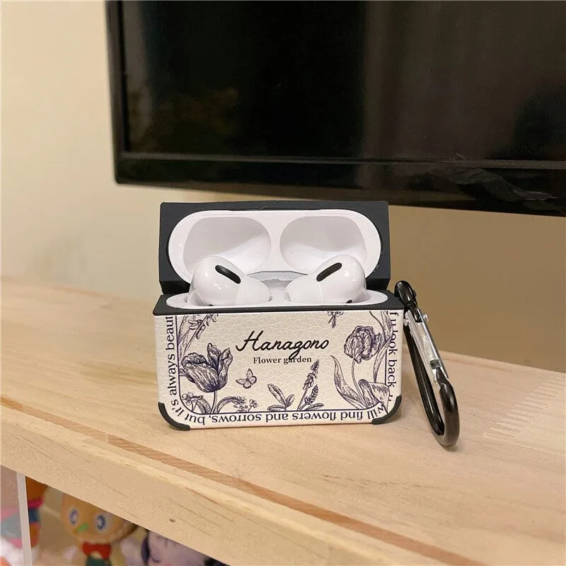 Cute Retro Black & White Floral Leather Protective Cover AirPods Case + Carabiner for AirPods 1 2 3 Pro 2 Generation Shockproof 