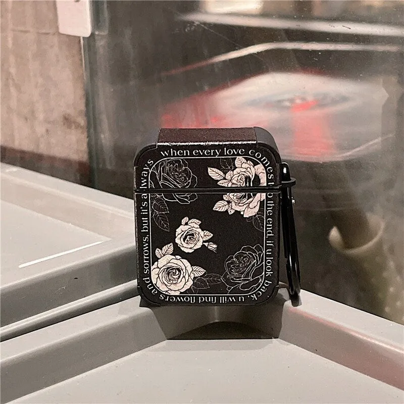 Cute Retro Black & White Floral Leather Protective Cover AirPods Case + Carabiner for AirPods 1 2 3 Pro 2 Generation Shockproof 