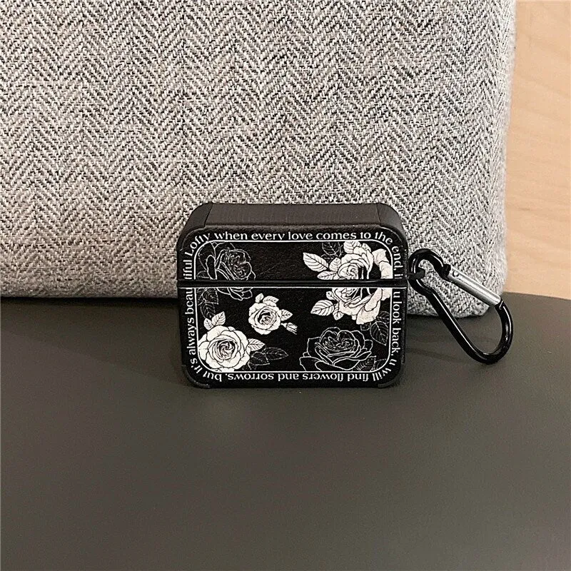 Cute Retro Black & White Floral Leather Protective Cover AirPods Case + Carabiner for AirPods 1 2 3 Pro 2 Generation Shockproof 