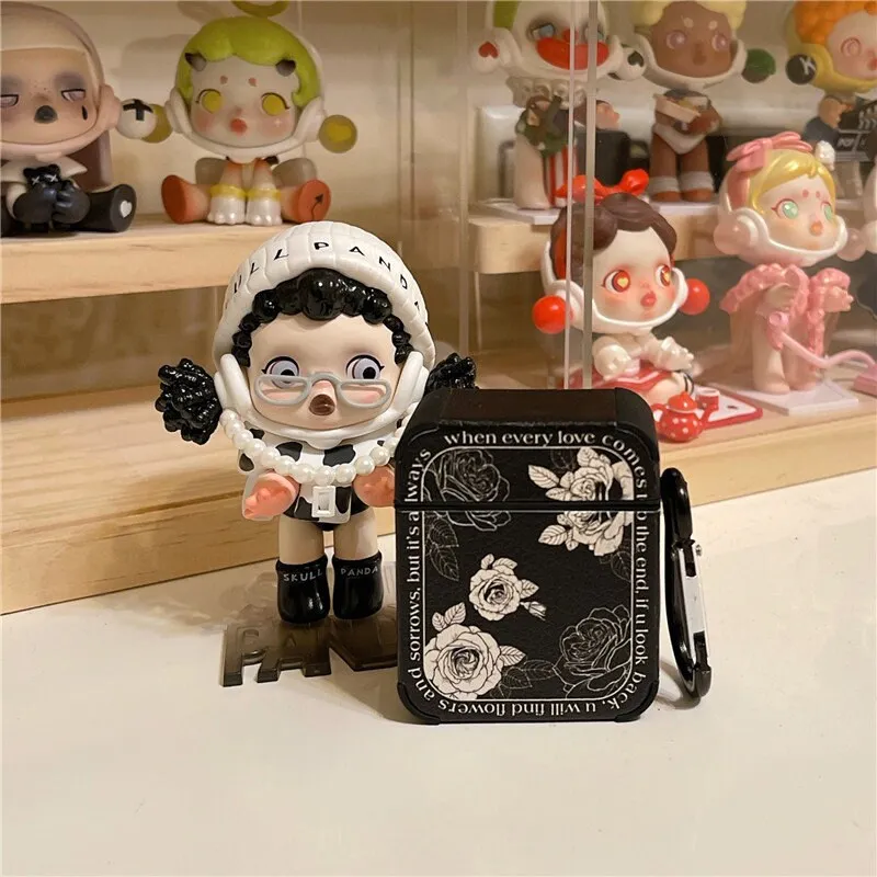 Cute Retro Black & White Floral Leather Protective Cover AirPods Case + Carabiner for AirPods 1 2 3 Pro 2 Generation Shockproof 