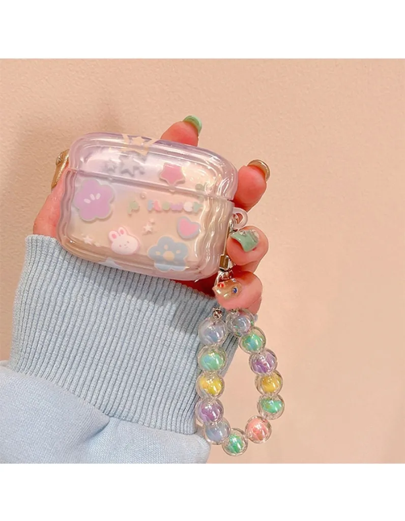 Cute Star Bunny Print Wave Shaped Clear Protective Cover Shockproof AirPods Case + Beaded Hand Strap for AirPods 1 2 3 Pro 2 Gen