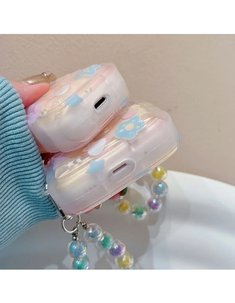 Cute Star Bunny Print Wave Shaped Clear Protective Cover Shockproof AirPods Case + Beaded Hand Strap for AirPods 1 2 3 Pro 2 Gen