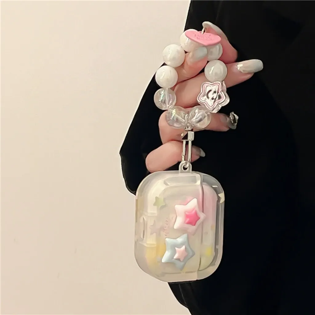 Cute Star Print Clear Protective Cover AirPods Case + Bead Pearl Hand Strap for AirPods 1 2 3 Pro 2 Generation Shockproof AirPod