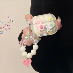 Cute Star Print Clear Protective Cover AirPods Case + Bead Pearl Hand Strap for AirPods 1 2 3 Pro 2 Generation Shockproof AirPod