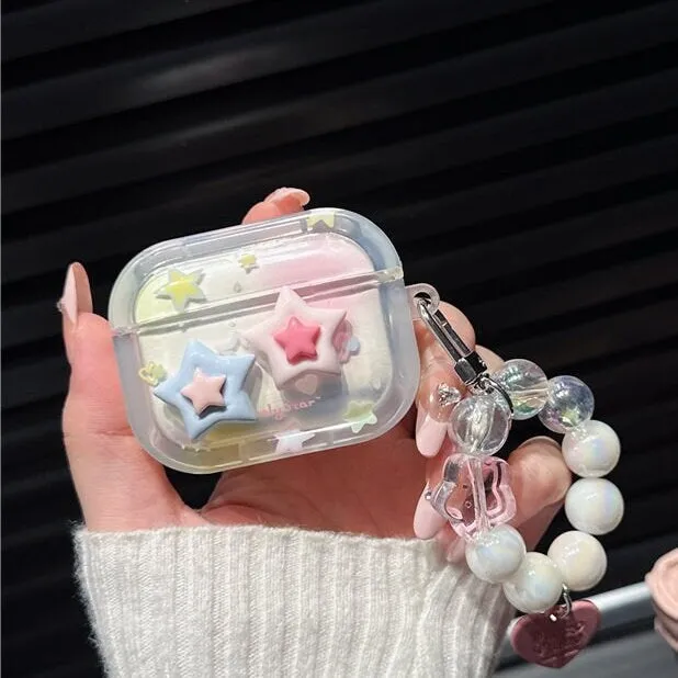 Cute Star Print Clear Protective Cover AirPods Case + Bead Pearl Hand Strap for AirPods 1 2 3 Pro 2 Generation Shockproof AirPod