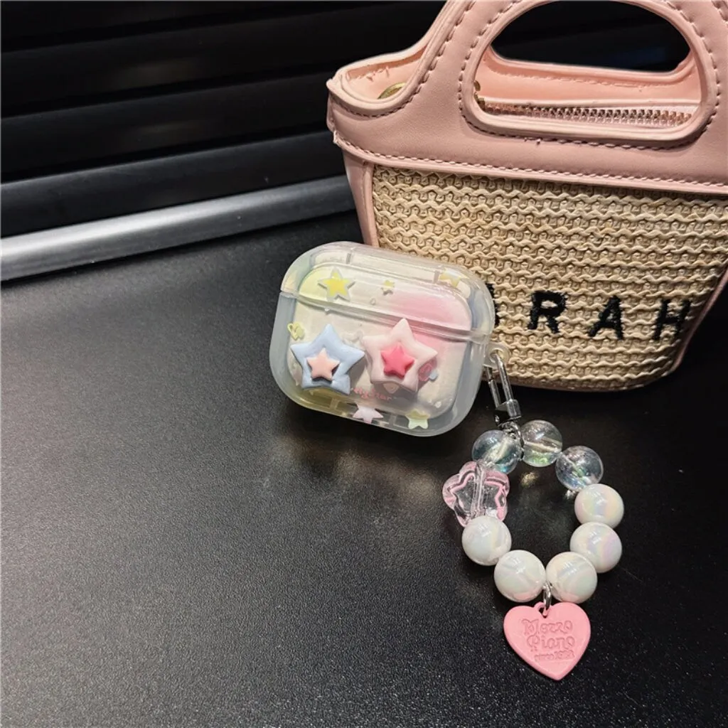 Cute Star Print Clear Protective Cover AirPods Case + Bead Pearl Hand Strap for AirPods 1 2 3 Pro 2 Generation Shockproof AirPod