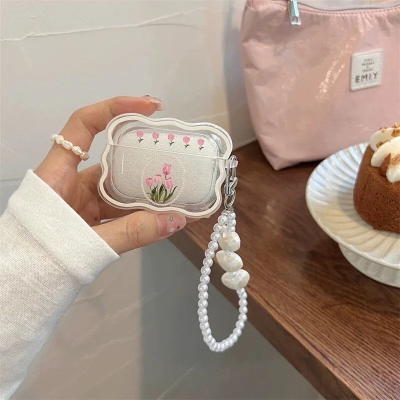 Cute Wavy Clear Oval Flower Painting Protective Shockproof Cover AirPods Case + White Heart Pearl Strap for AirPods 1 2 3 Pro 2 