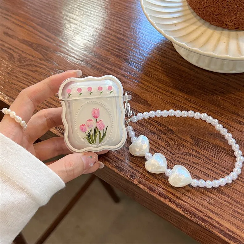 Cute Wavy Clear Oval Flower Painting Protective Shockproof Cover AirPods Case + White Heart Pearl Strap for AirPods 1 2 3 Pro 2 