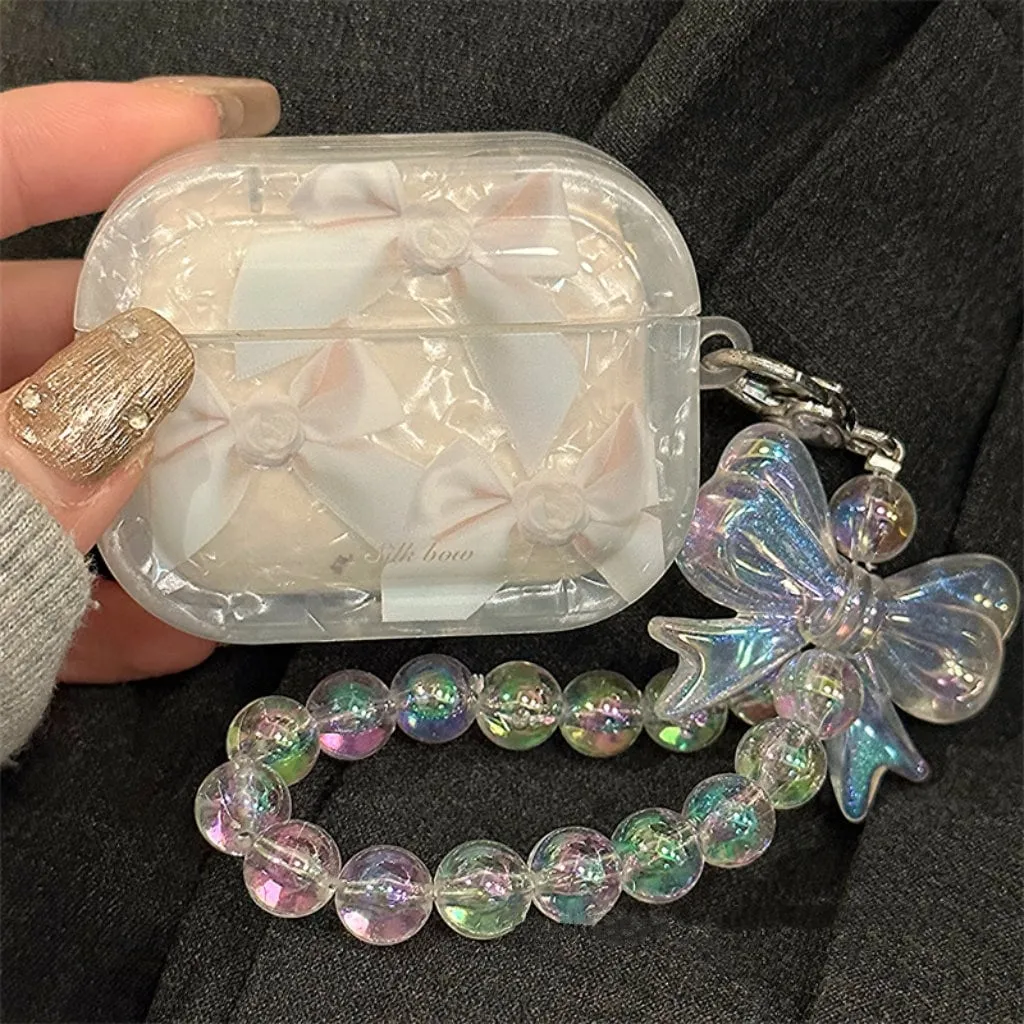 Cute White Bow Tie Print Clear Protective Cover AirPods Case + Beaded Hand Strap for AirPods 1 2 3 Pro 2 Generation Shockproof A