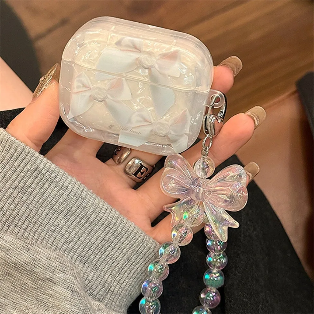 Cute White Bow Tie Print Clear Protective Cover AirPods Case + Beaded Hand Strap for AirPods 1 2 3 Pro 2 Generation Shockproof A