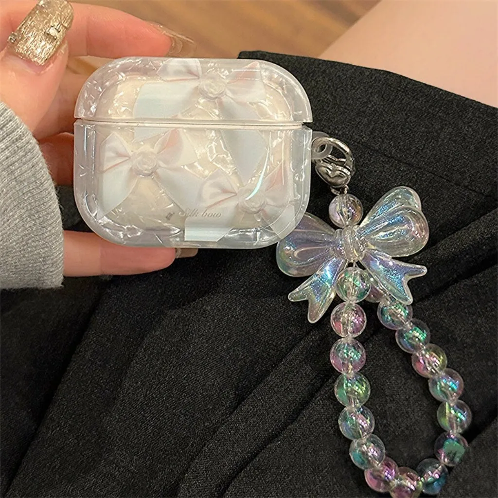 Cute White Bow Tie Print Clear Protective Cover AirPods Case + Beaded Hand Strap for AirPods 1 2 3 Pro 2 Generation Shockproof A